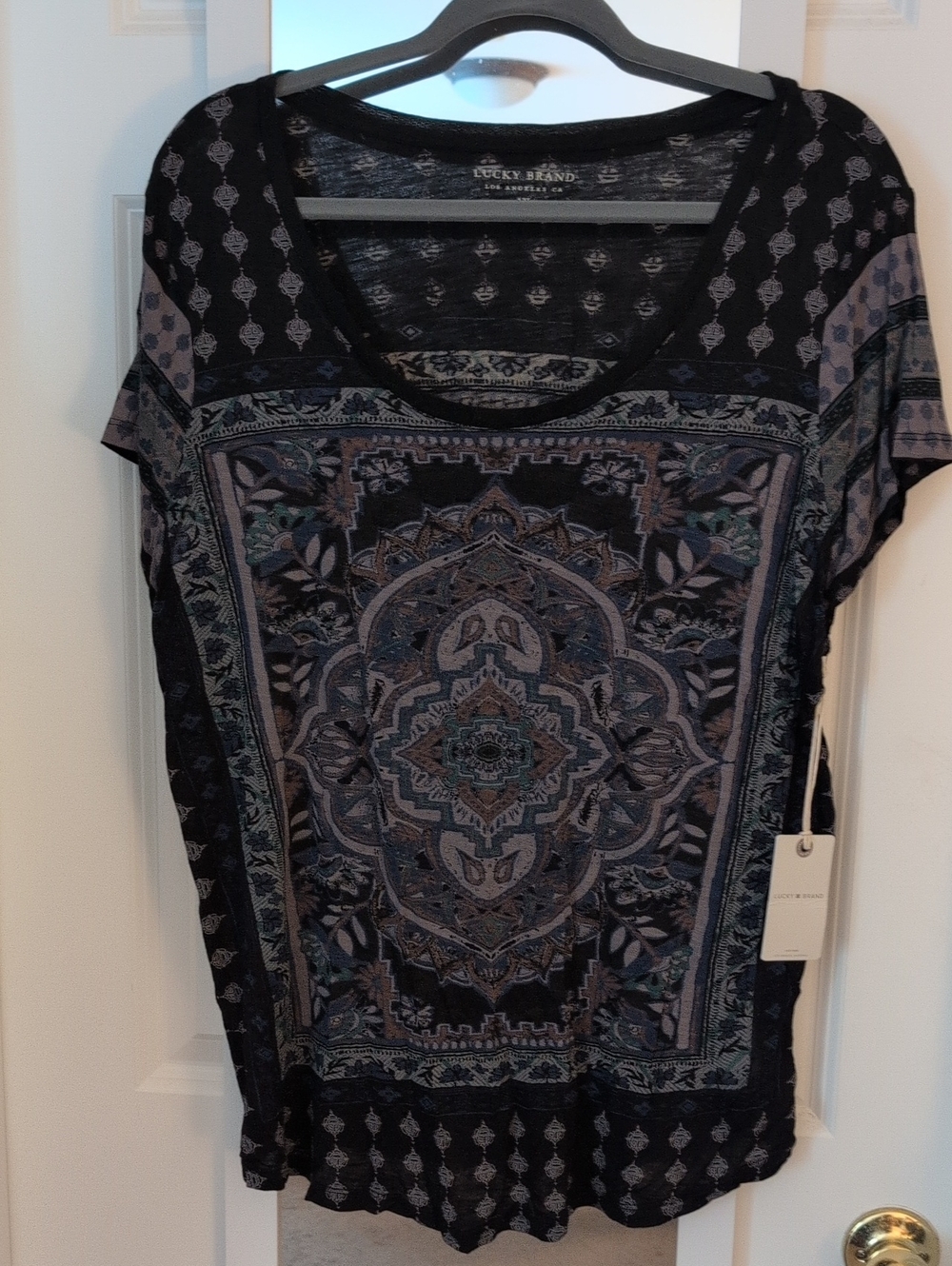 Lucky Brand Black and Blue Medallion Scoop Neck Tee
